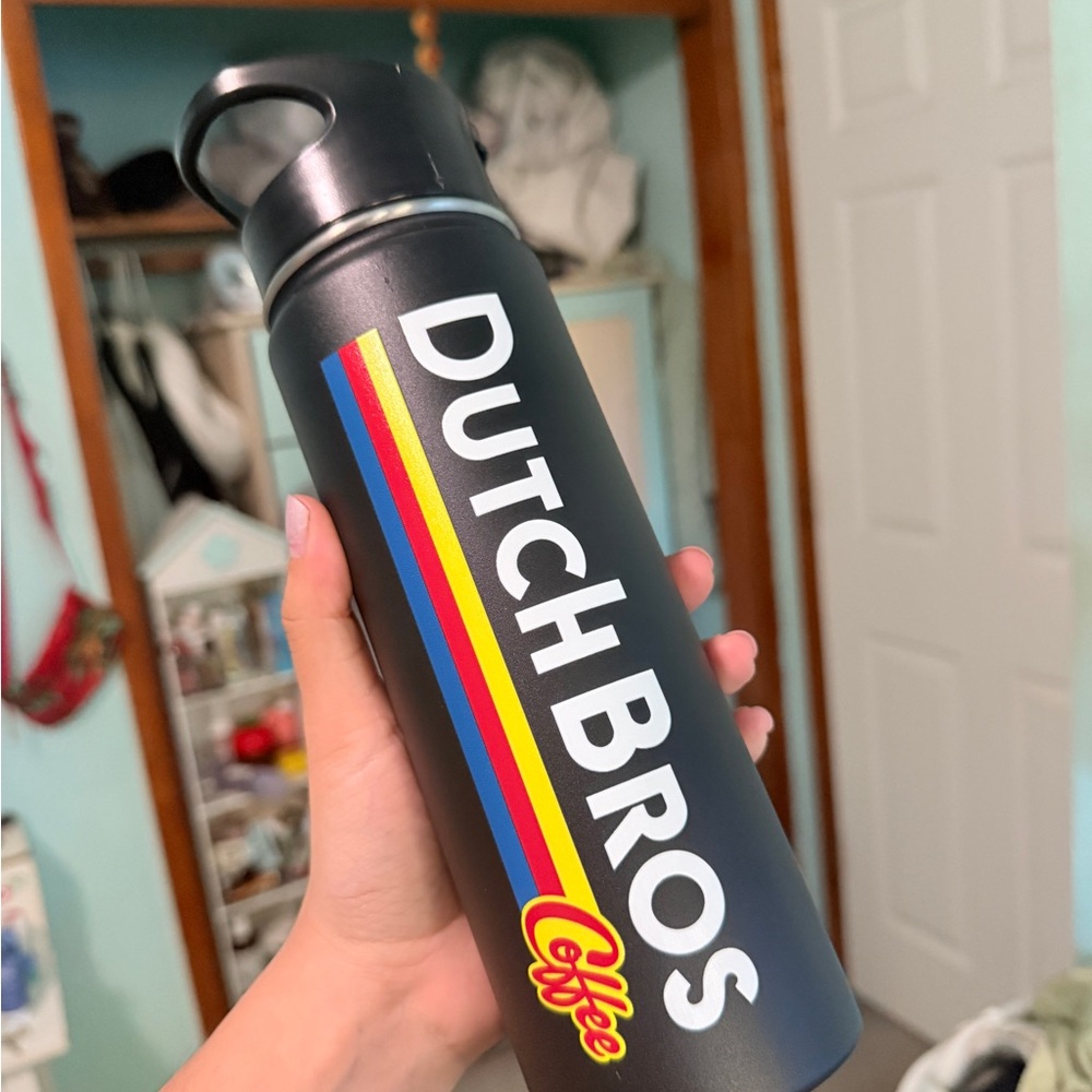 Dutch Bros Black Bottle with Colorful Stripes